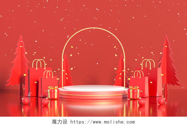 3D红色电商立体圣诞节展台背景展板C4D节日氛围插画背景感恩节